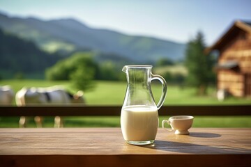 Glass pitcher with fresh milk on a wooden table.