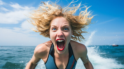 Blonde emo girl triumphs in outdoor swim race. - obrazy, fototapety, plakaty