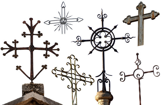 Collection of Religious Crosses in wrought iron isolated on white or transparent background, Italy, Europe. Png.