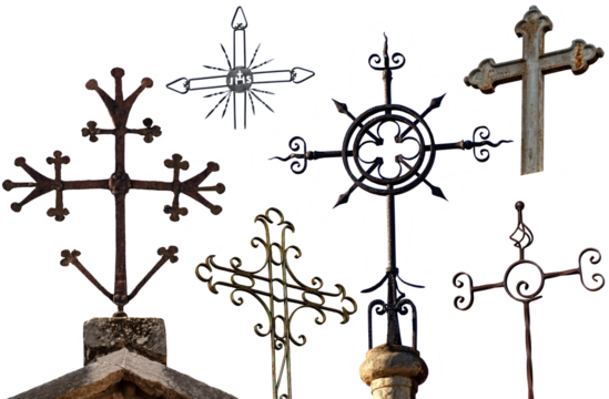 Collection of Religious Crosses in wrought iron isolated on white or transparent background, Italy, Europe. Png.