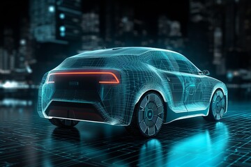 futuristic electric car with a holographic wireframe digital technology, Electric Vehicle