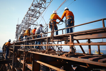 Fototapeta premium Construction workers and technicians working on a platform