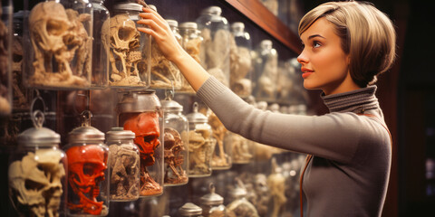 Woman observing preserved human brains in a museum