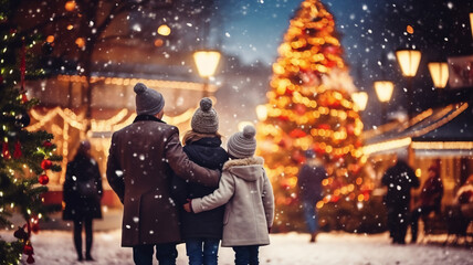 Happy interracial family enjoying a walk in a Christmas market at night. Winter holidays and together concept, happy mother, father and little daughter at christmas market with snow and ornament light