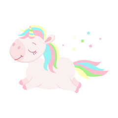 Cute unicorn with rainbow mane and rainbow tail. Children's magic illustration, postcard, vector