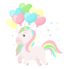 A cute unicorn with a rainbow mane and tail with heart balloons. Children's magic illustration, postcard, vector