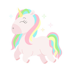 Cute unicorn with rainbow mane and rainbow tail. Children's magic illustration, postcard, vector