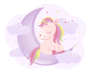 Cute magical unicorn on clouds in the sky with moon and stars. Baby illustration, postcard, vector