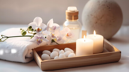 Spa accessory composition set in day spa hotel, beauty wellness centre. Spa product are placed in luxury spa resort room, ready for massage therapy from professional services