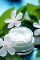 Cosmetic moisturizing cream with flower.
