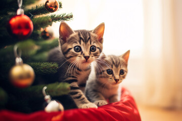 Two cute tabby kittens sisters playing together near Christmas tree, look curiously and excited, celebrating Christmas with cat concept background.