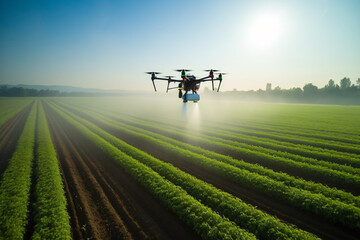 Agriculture drone flying above vegetable farm and spraying fertilizer. Smart and precision farming, Agricultural technology concept, no people.