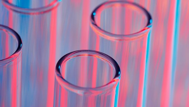 Close up photo neon blue and red light test tubes in a laboratory. Scientific experiment, research, study. Detail shot of lab glassware.