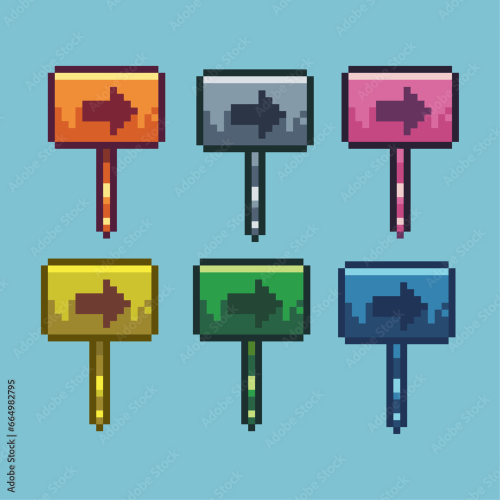 Fototapete pixel art sets of direction sign with variation color item asset. simple bits of direct sign plank o