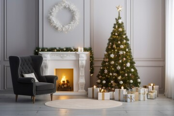 Fototapeta na wymiar Modern Living Room With Fireplace, Christmas Tree, Gift Boxes And Armchair.