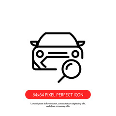 car search outline icon pixel perfect. Looking for car selling icon, magnifying glass search car, vector logo illustration