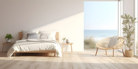 White bedroom on wooden flooring is sitting next to a wicker furniture generative ai