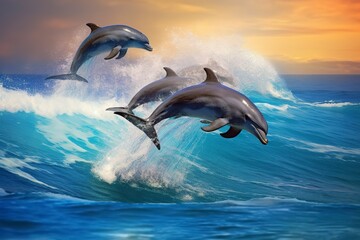 Playful dolphins jumping over breaking waves. Hawaii Pacific Ocean wildlife scenery.