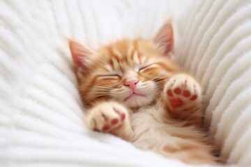 Fototapeta na wymiar Red kitten, cat sleeping cute on white fur.