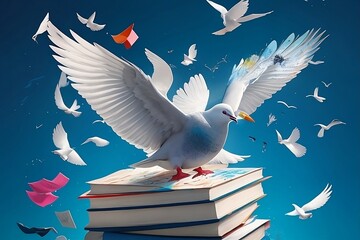 A White Dove Soaring over a Stack of Books with Birds and Paper Planes in the Sky.