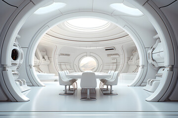 Fototapeta premium Futuristic white moon base dining room interior. Neural network generated image. Not based on any actual scene or pattern.