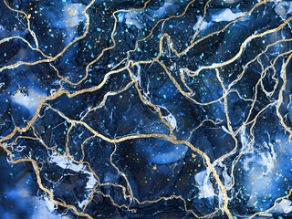 Blue marble and gold abstract background texture. Indigo, blue marbling with natural luxury style lines of marble and gold powder. Modern abstract luxury background design