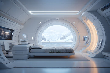 Futuristic white moon base bedroom interior. Neural network generated image. Not based on any...