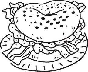 outline bacon egg with bagel for breakfast on plate. cool doodle vector isolated on transparent background.