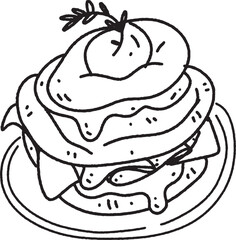 outline egg, ham, and muffin for breakfast on plate. cool doodle vector isolated on transparent background.