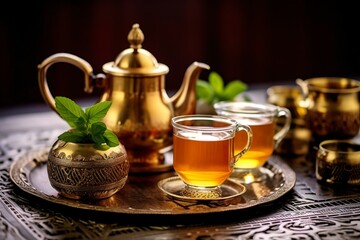 Traditional Moroccan tea set with decorative teapots, glasses, and mint leaves.