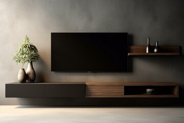 Sleek media unit with empty display hung on dark wall in simple living space. Generative AI