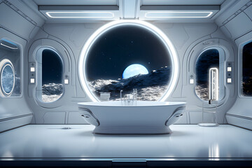 Futuristic white moon base styled luxury bathroom interior. Neural network generated image. Not based on any actual scene or pattern.