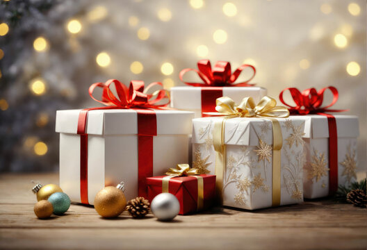 christmas and new year background - gift boxes on the background of bokeh garlands. High quality photo