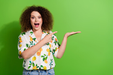 Photo of impressed crazy girl indicate finger arm hold empty space proposition ad isolated on green color background