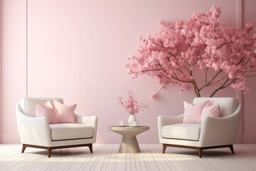 Interior design modern minimal living room with pink theme, interior luxury style, resort or hotel with luxury, three-dimensional, generative ai.