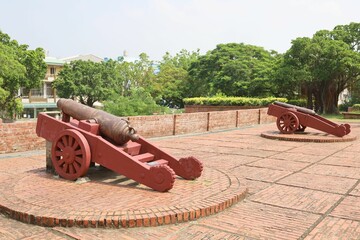 Fototapeta na wymiar Tainan City, Taiwan, September 15, 2023.Old cannon at Anping Fort.