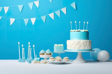 Birthday cake with candles and sweets on white table near blue wall.