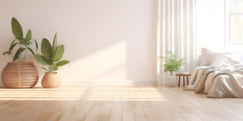 Fototapeta na wymiar White bedroom on wooden flooring is sitting next to a wicker furniture generative ai