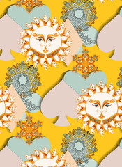 Seamless pattern with sun and symbols of the card on the yellow backghround