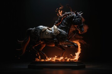a burning horse statue painted with historical pattern  standing on inverted clock surrounded by fire sparkle and smog