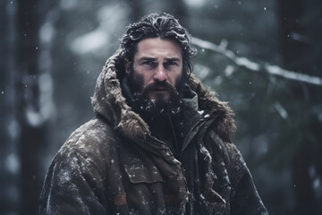 Young adult Caucasian man in winter forest at snowy day. Neural network generated image. Not based on any actual person or scene.