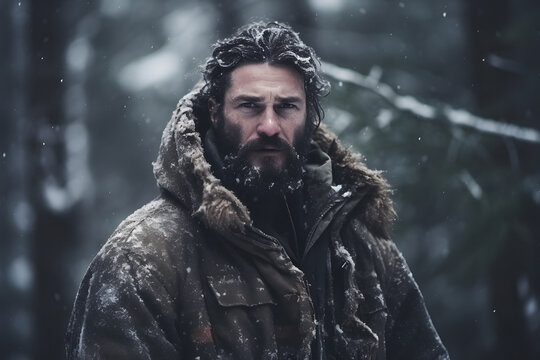 Young adult Caucasian man in winter forest at snowy day. Neural network generated image. Not based on any actual person or scene.