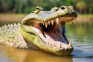 Crocodile with its mouth wide open with a green lake in the green background. - obrazy, fototapety, plakaty