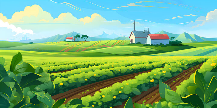 Agriculture concept background with nature landscape and tractor