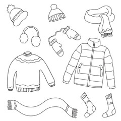 Set of winter clothing icons. Vector doodle illustration. Doodle autumn winter clothes vector collection. Vector illustration © OLiAN_ART