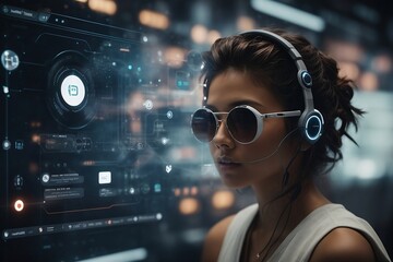 A persona wearing a black headset, analyzing complex graphs and charts on a blue and white computer screen