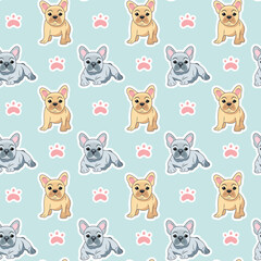 Seamless pattern of beige and gray French bulldog babies on a blue background with paw prints