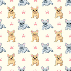 Seamless pattern of beige and gray French bulldog babies on a light background with paw prints