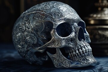 Metallic skull with floral designs