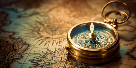 Vintage compass with old map background